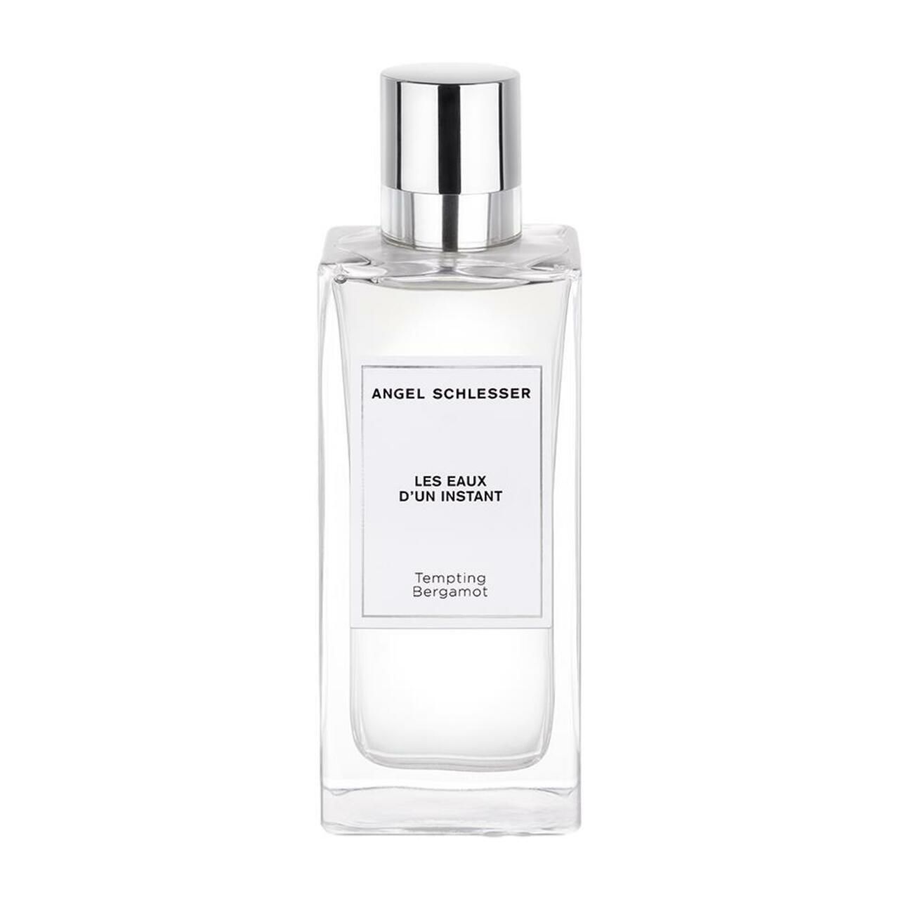 Glasflakon mit silbernem Verschluss. Aufschrift: ANGEL SCHLESSER, LES EAUX D'UN INSTANT, Tempting Bergamot. Rechteckige Form.