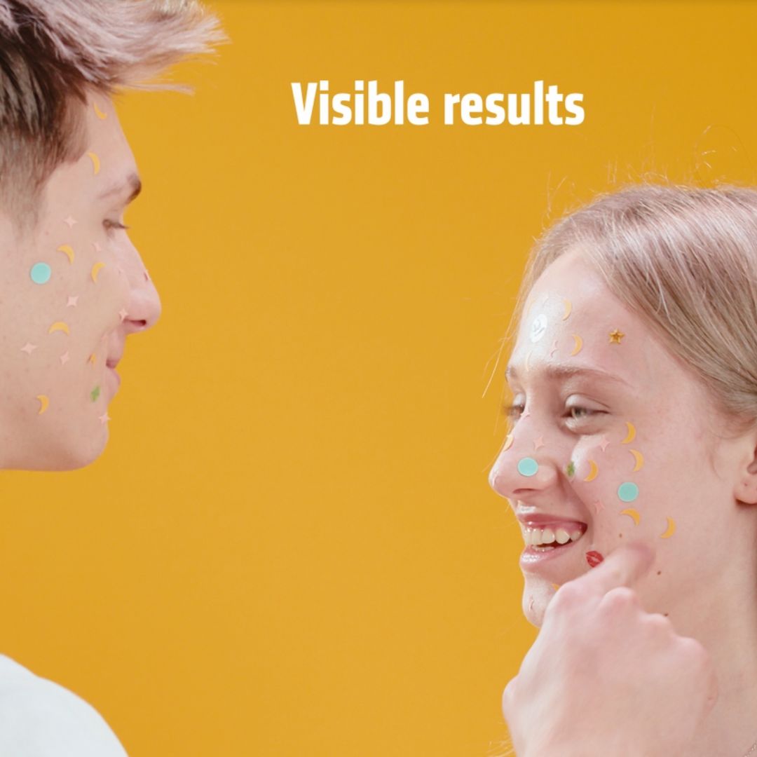 Zwei Personen mit Patches auf den Wangen. Text: Visible results.