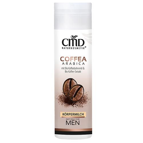 Weiße Flasche mit CMD Naturkosmetik Körpermilch. Aufschrift: COFFEA ARABICA, Kaffeebohnen-Illustration, KÖRPERMILCH, NOT ONLY FOR MEN.