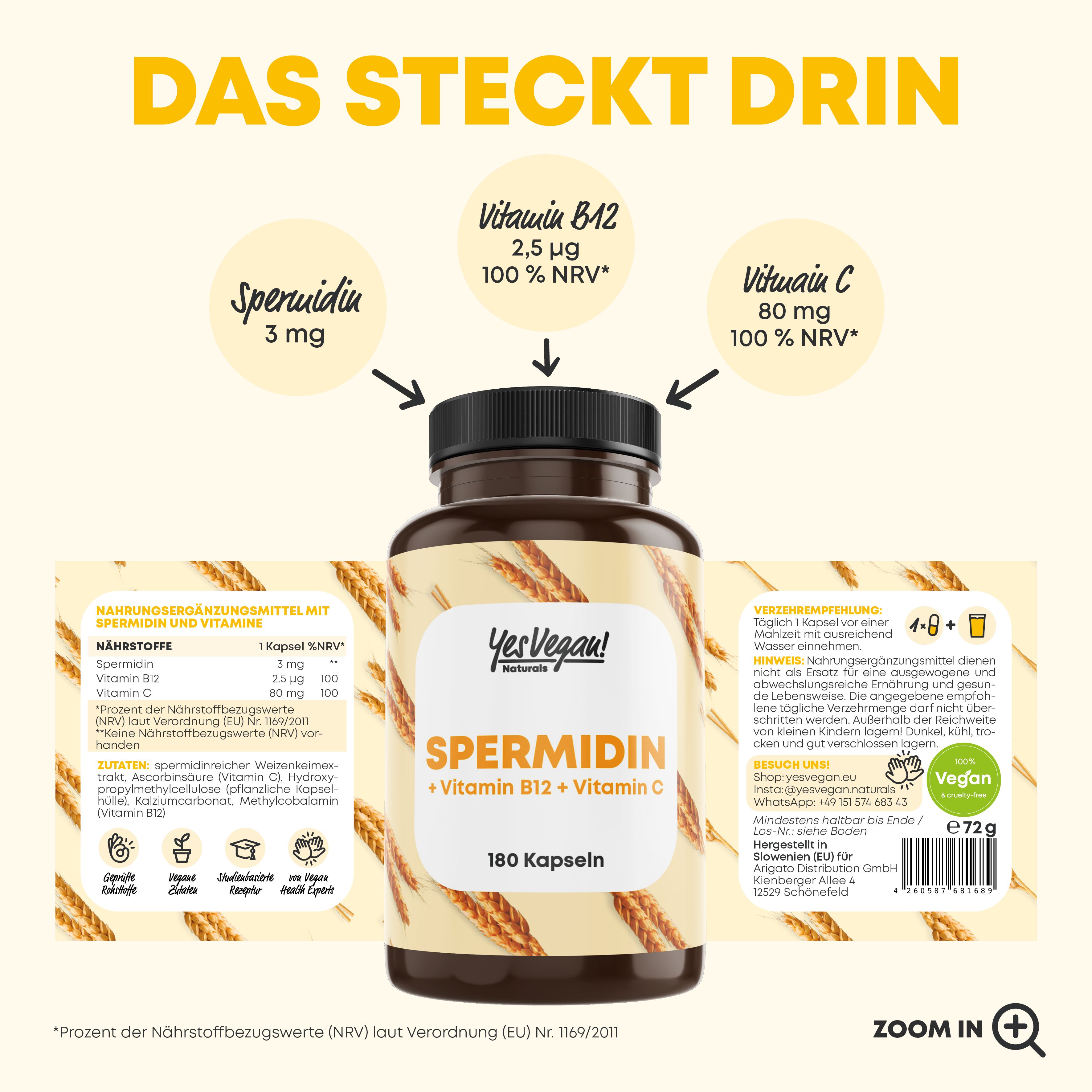Braune Flasche mit Kapseln. Beschriftung: Spermidin + Vitamin B12 + Vitamin C, 180 Kapseln. Vegan-Siegel. Nährwertangaben.