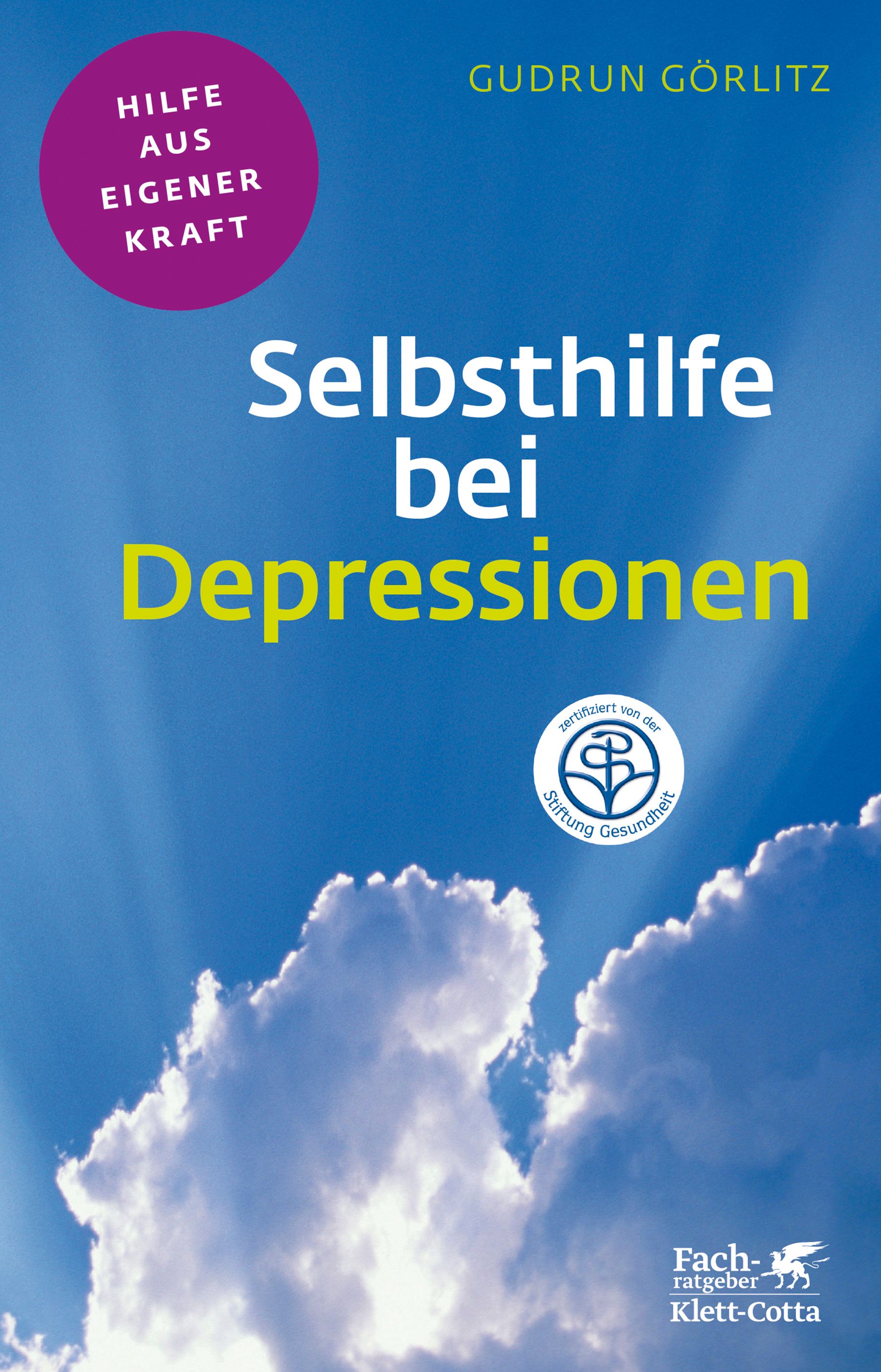 Buchcover: "Selbsthilfe bei Depressionen". Titel in Großbuchstaben. Autor: Gudrun Görlitz. Zertifiziert von Stiftung Gesundheit. Verlag Klett-Cotta.