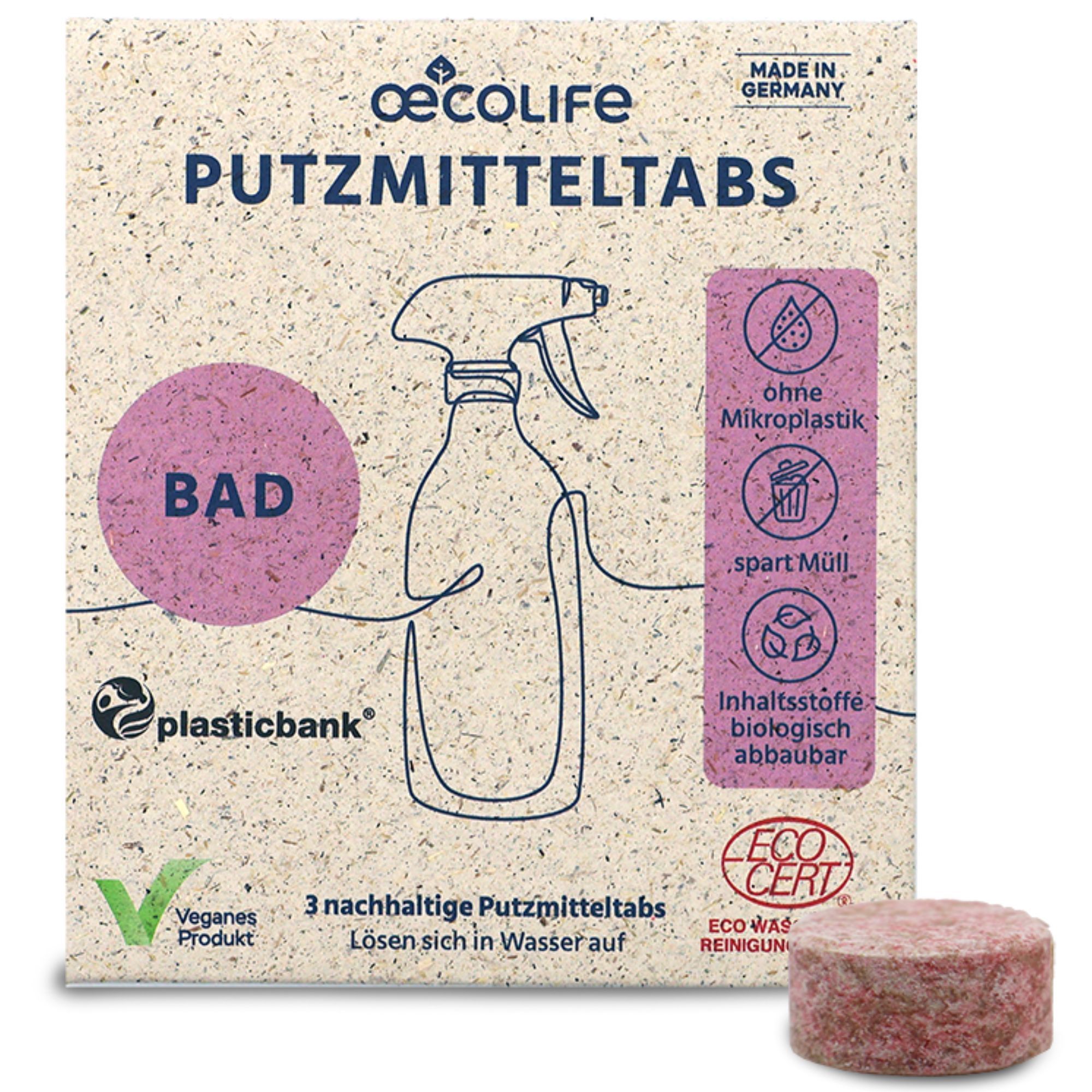 Verpackung mit Putzmitteltabs. Aufschrift: oecolife, Bad, ohne Mikroplastik, spart Müll, biologisch abbaubar. Vegan, Eco Cert.