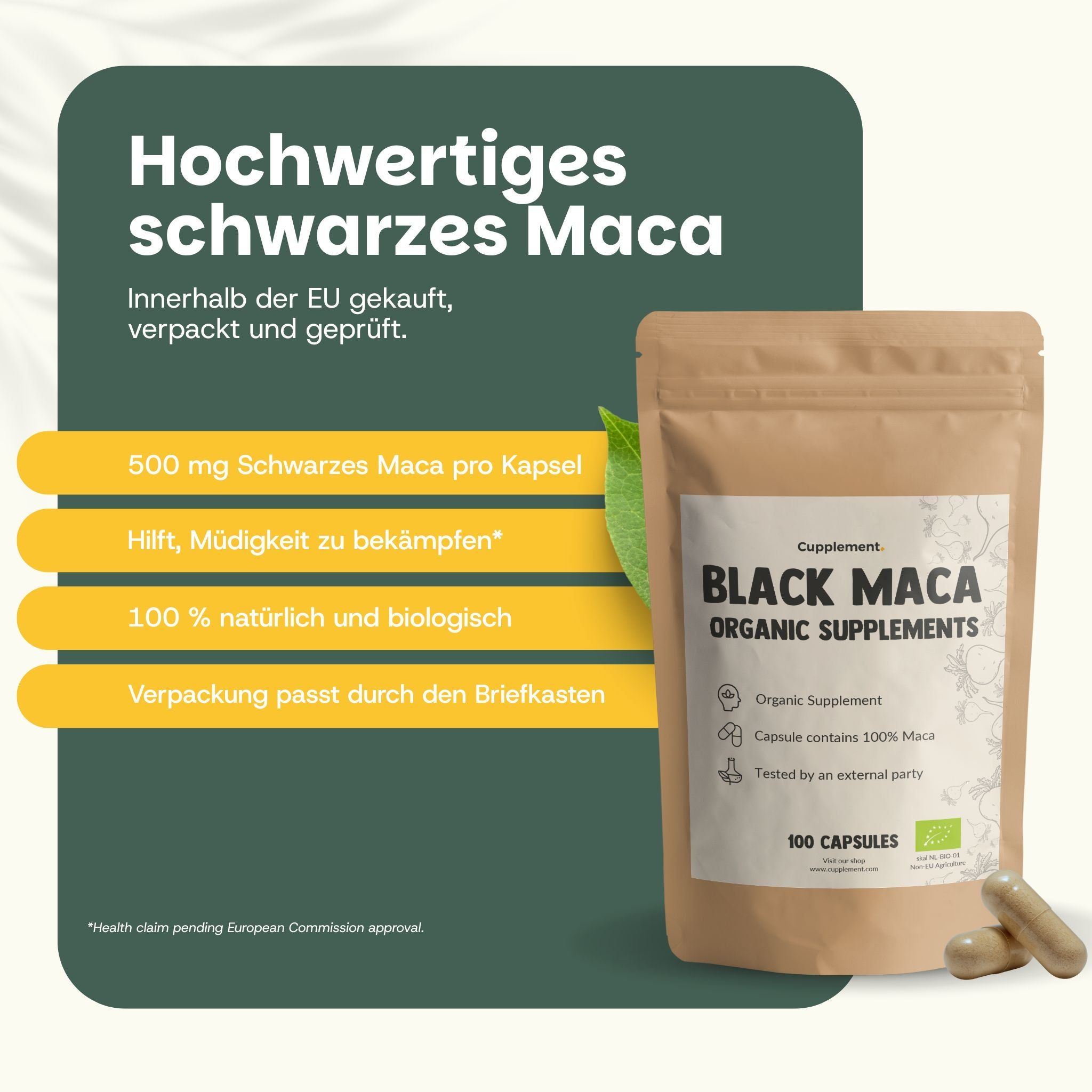 Produktbeutel mit Kapseln. Aufschrift: Black Maca Organic Supplements. 100 Kapseln. Zwei Kapseln daneben. Text auf gelbem Hintergrund.