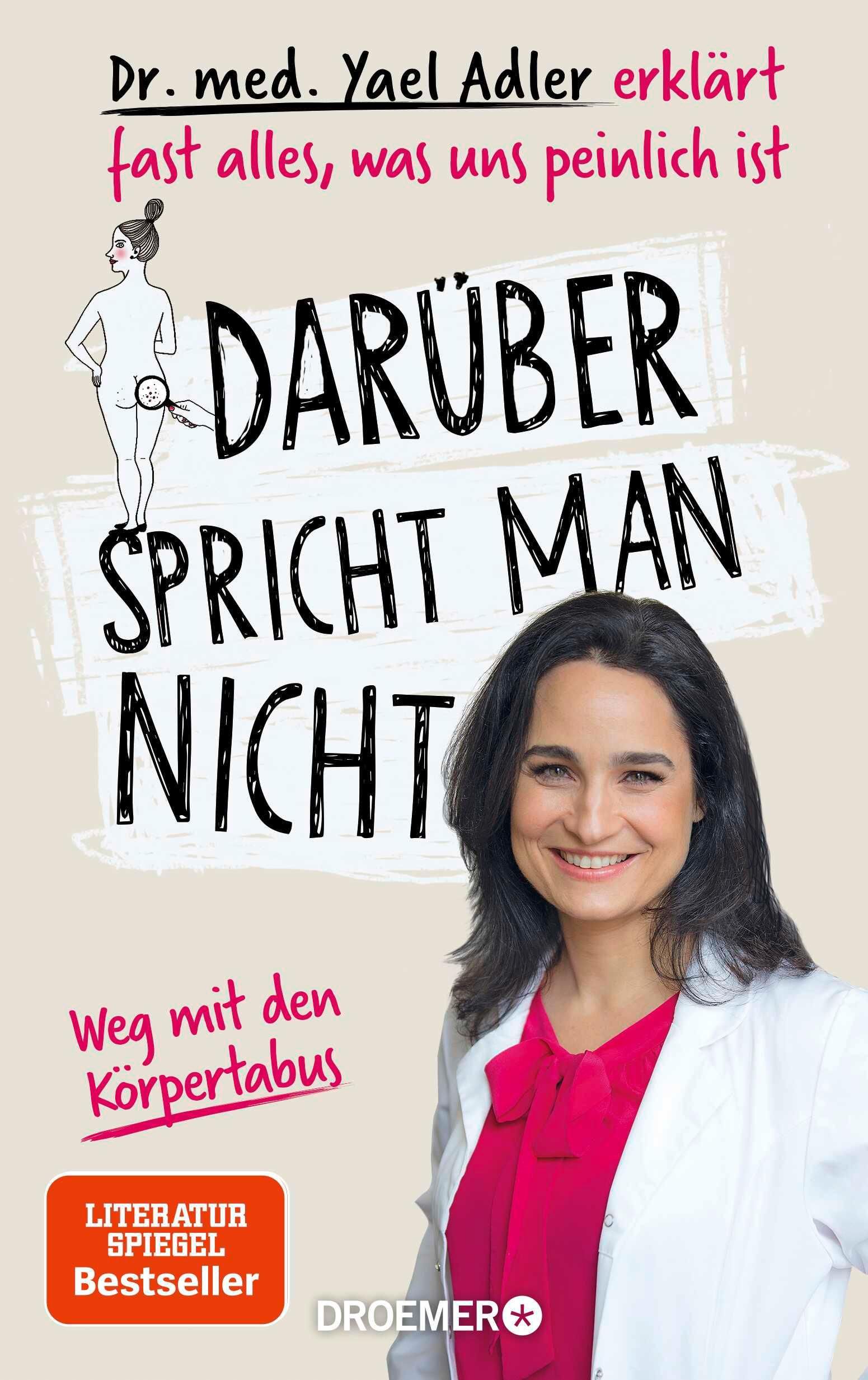 Buchcover mit Titel "Darüber spricht man nicht". Autorin Yael Adler. Frau im weißen Kittel, roter Schal. Illustration einer Frau mit Lupe.