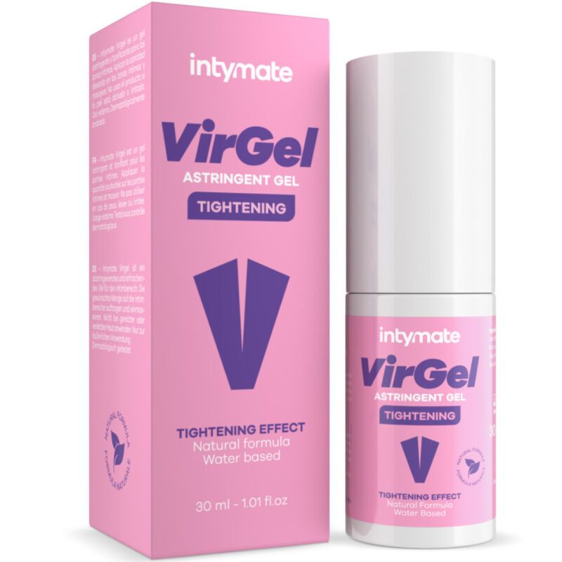Rosa Verpackung und Flasche. Aufschrift "Intymate VirGel Astringent Gel Tightening". Logo in V-Form. Text: "Natural formula".
