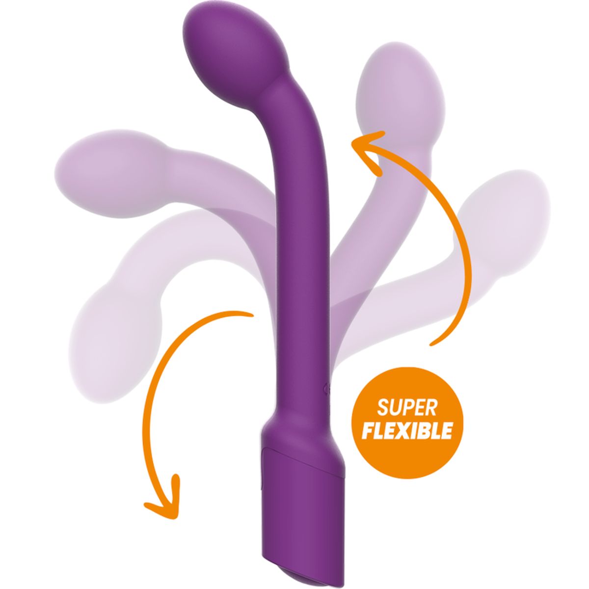Lila Vibrator mit gebogener Form, dargestellt in verschiedenen Positionen. Text: Super flexibel.