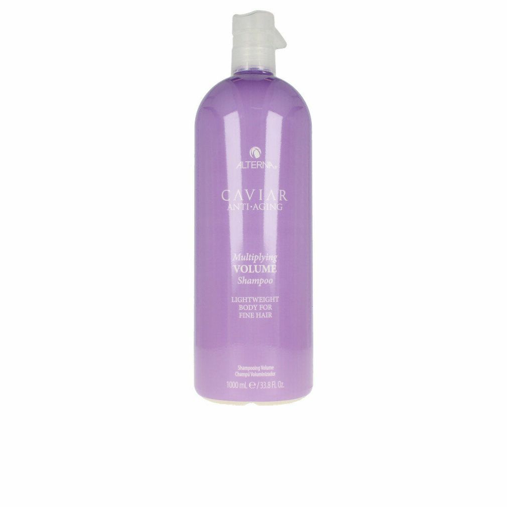 Flasche Shampoo, lila, mit Pumpe. Aufschrift: Alterna Caviar Anti-Aging, Multiplying Volume Shampoo, für feines Haar.