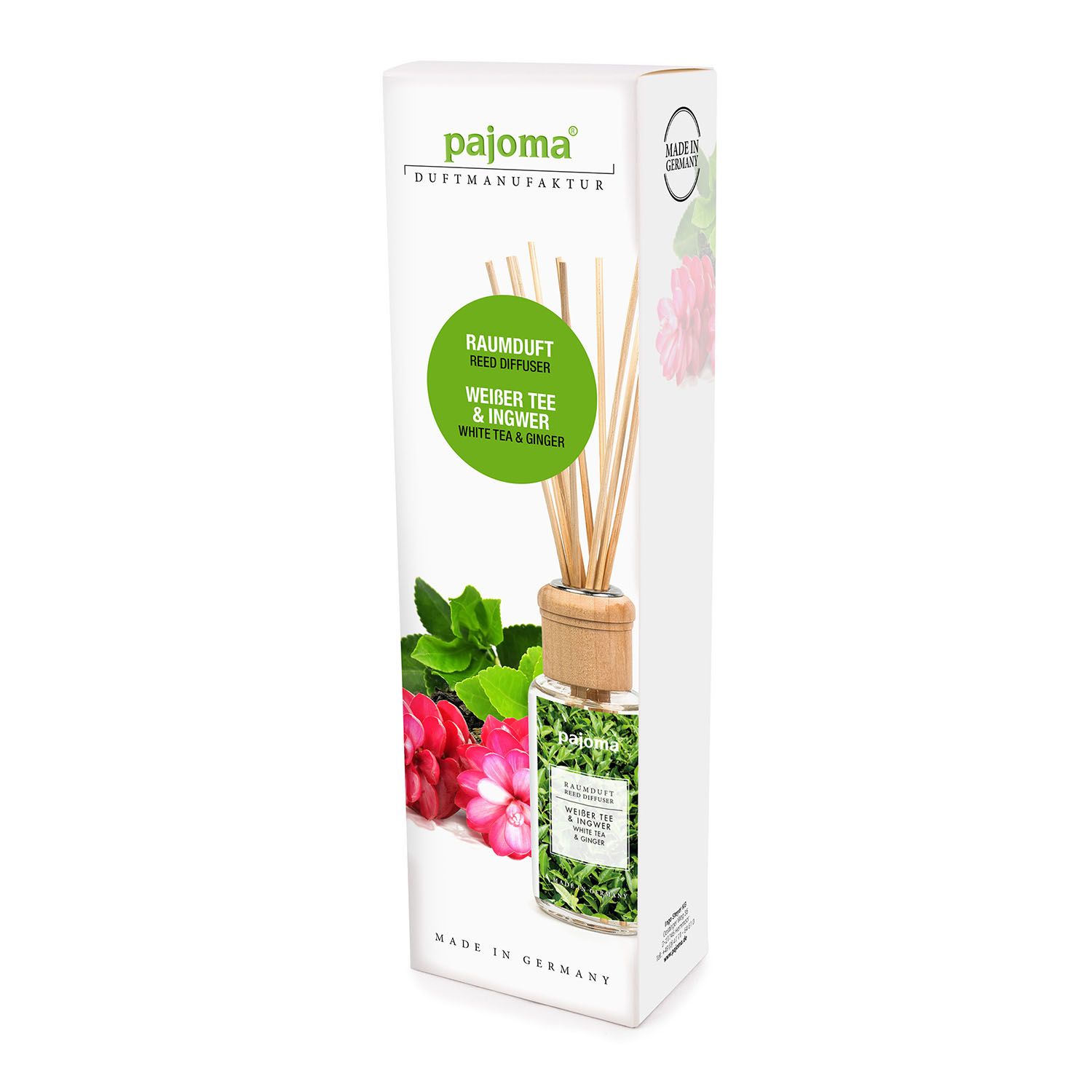 Produkt in Verpackung. Glasflasche mit Holzdeckel und Duftstäbchen. Etikett mit Text. Verpackung mit Logo und Text.