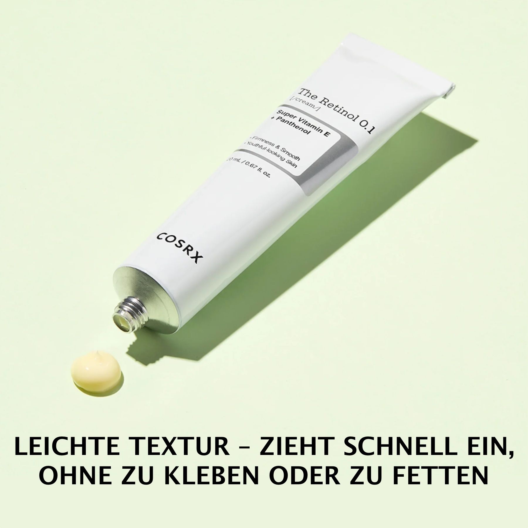 Tube mit Creme, daneben ein Klecks Creme. Text: Leichte Textur - zieht schnell ein, ohne zu kleben oder zu fetten.