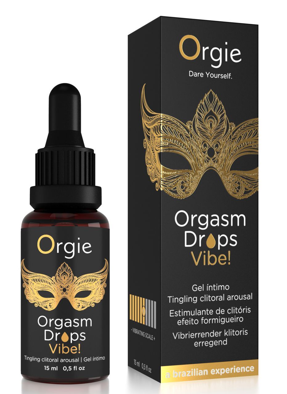 Flasche und Verpackung. Produktname: Orgie Orgasm Drops Vibe! Text: Gel intimo. 15 ml. Auf der Verpackung: Dare Yourself.