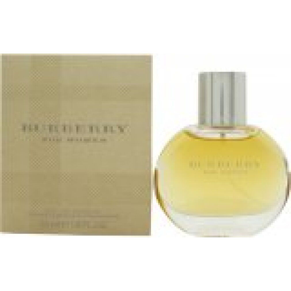 Burberry for Women Eau de Parfum Spray. Flakon und Verpackung. Rundlicher Flakon, goldfarbene Flüssigkeit.