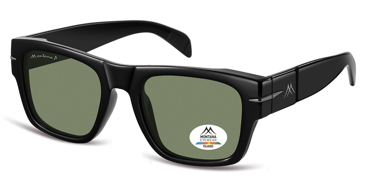 Schwarze Sonnenbrille, rechteckige Gläser. Montana Eyewear Logo auf dem Bügel. Polarisierte Gläser.