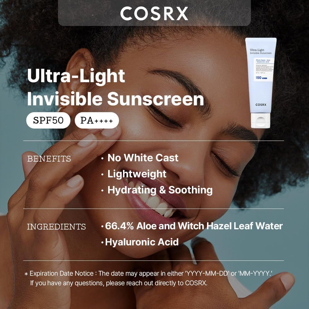 Gesicht einer Frau mit Produktabbildung. Text: Ultra-Light Invisible Sunscreen SPF50 PA++++. Vorteile: Kein Weißeffekt, leicht, beruhigend.