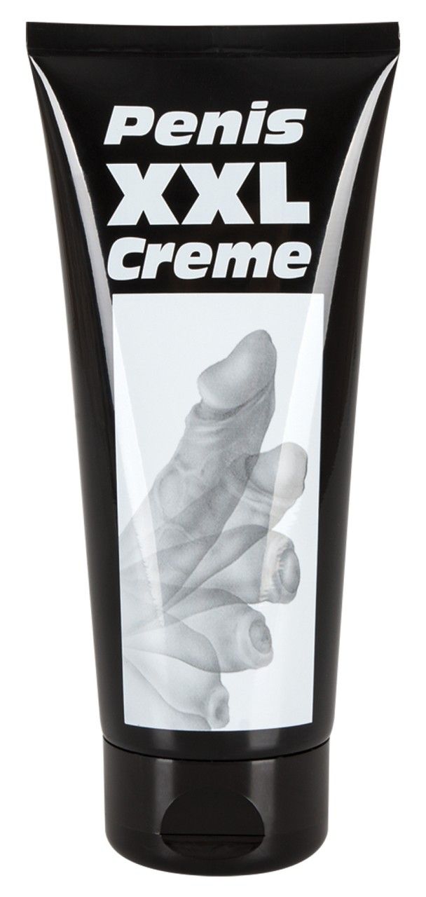 Schwarze Tube mit weißem Etikett. Aufschrift: Penis XXL Creme. Abbildung eines Penis.