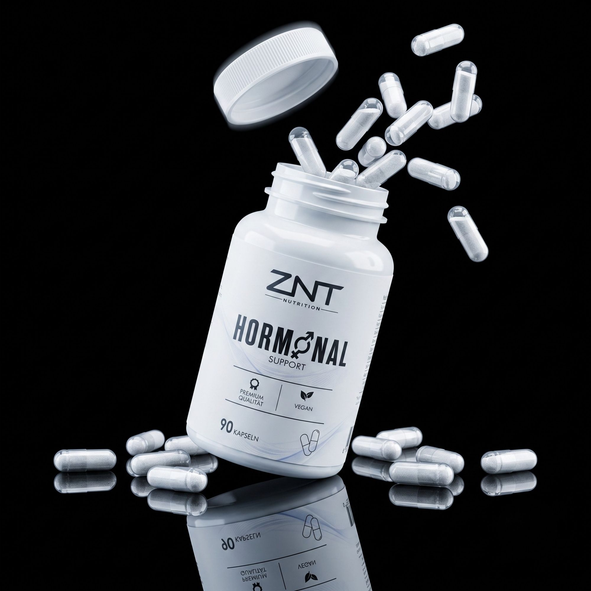 ZNT Nutrition Hormonal Support Flasche mit herausfliegenden Kapseln. Enthält 90 Kapseln, Premium-Qualität, vegan.