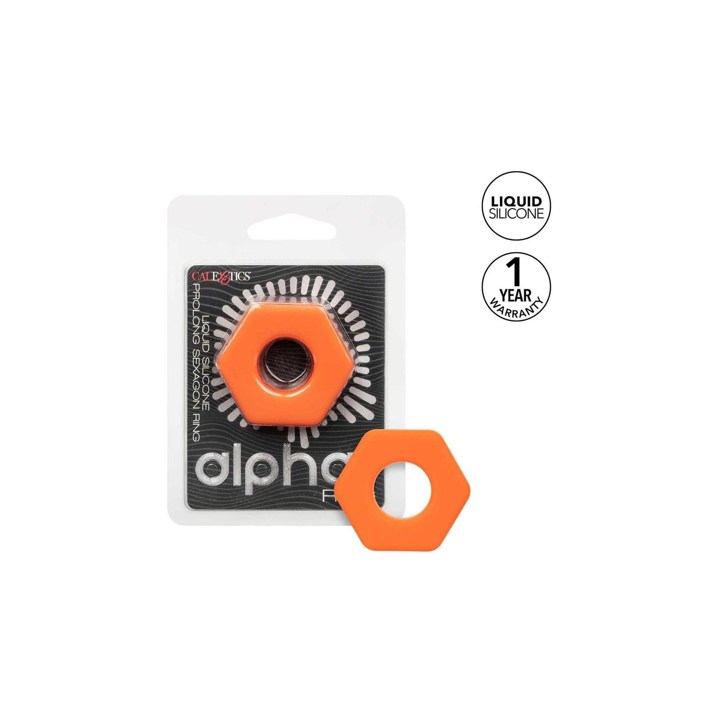 Verpackung mit orangefarbenem Sexagon-Ring. Text: CalExotics, Alpha Ring.