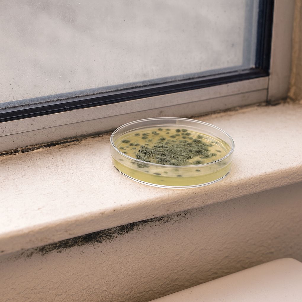 Petrischale mit grünem Schimmel auf Fensterbank. Fensterrahmen und Wand im Hintergrund. Schimmelbefall sichtbar.
