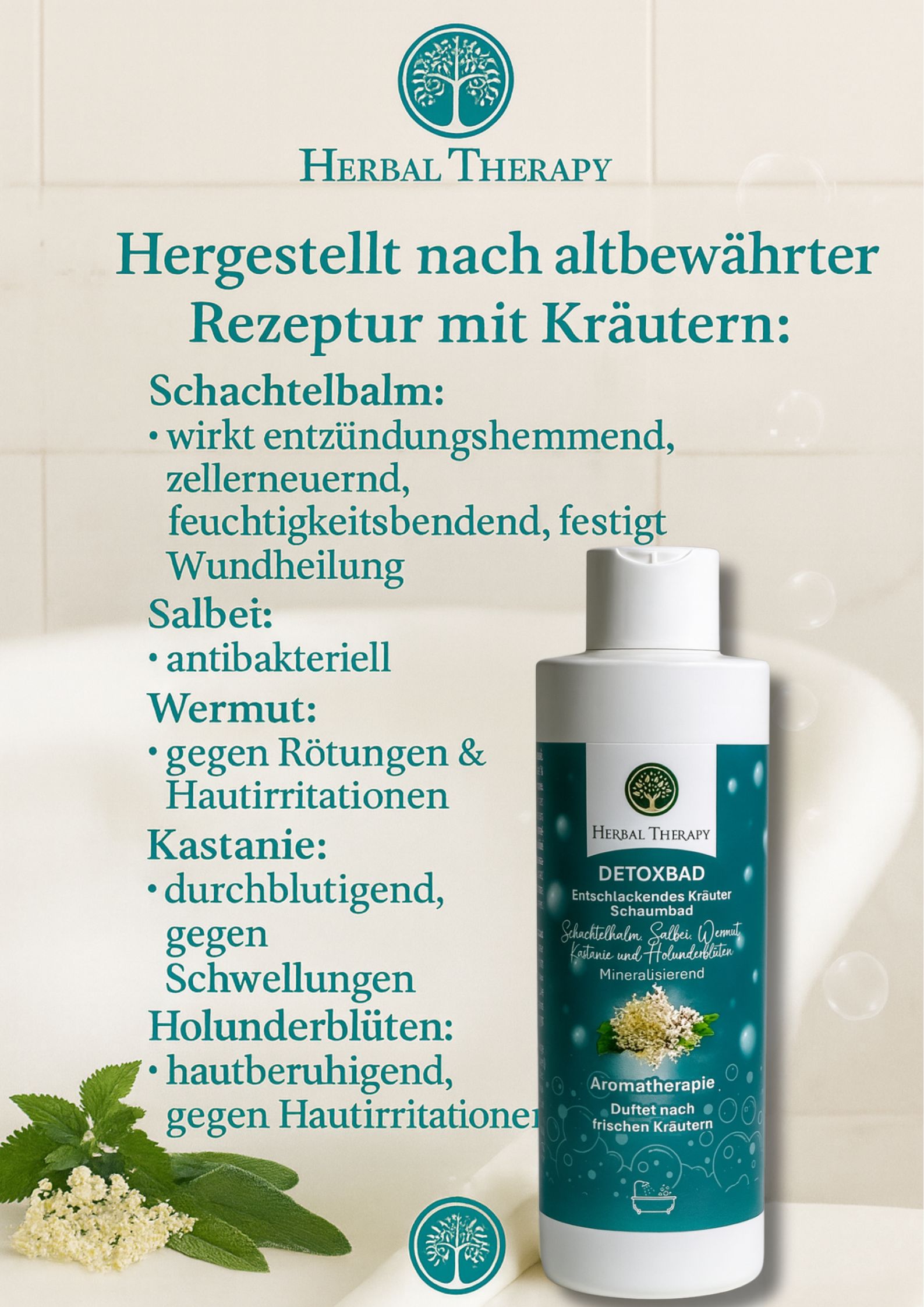 Grüne Flasche mit weißem Deckel. Etikett mit Produktname, Kräutern und Logo. Text: Detoxbad, Kräuter Schaumbad, Aromatherapie. Kräuterabbildungen.