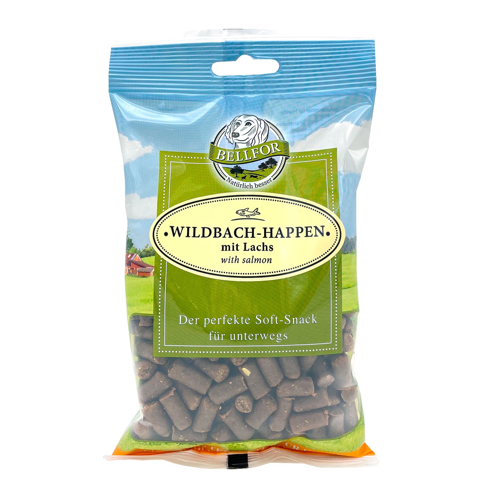 Beutel Bellfor Wildbach-Happen mit Lachs. Braune Soft-Snacks. Aufschrift: Der perfekte Soft-Snack für unterwegs.