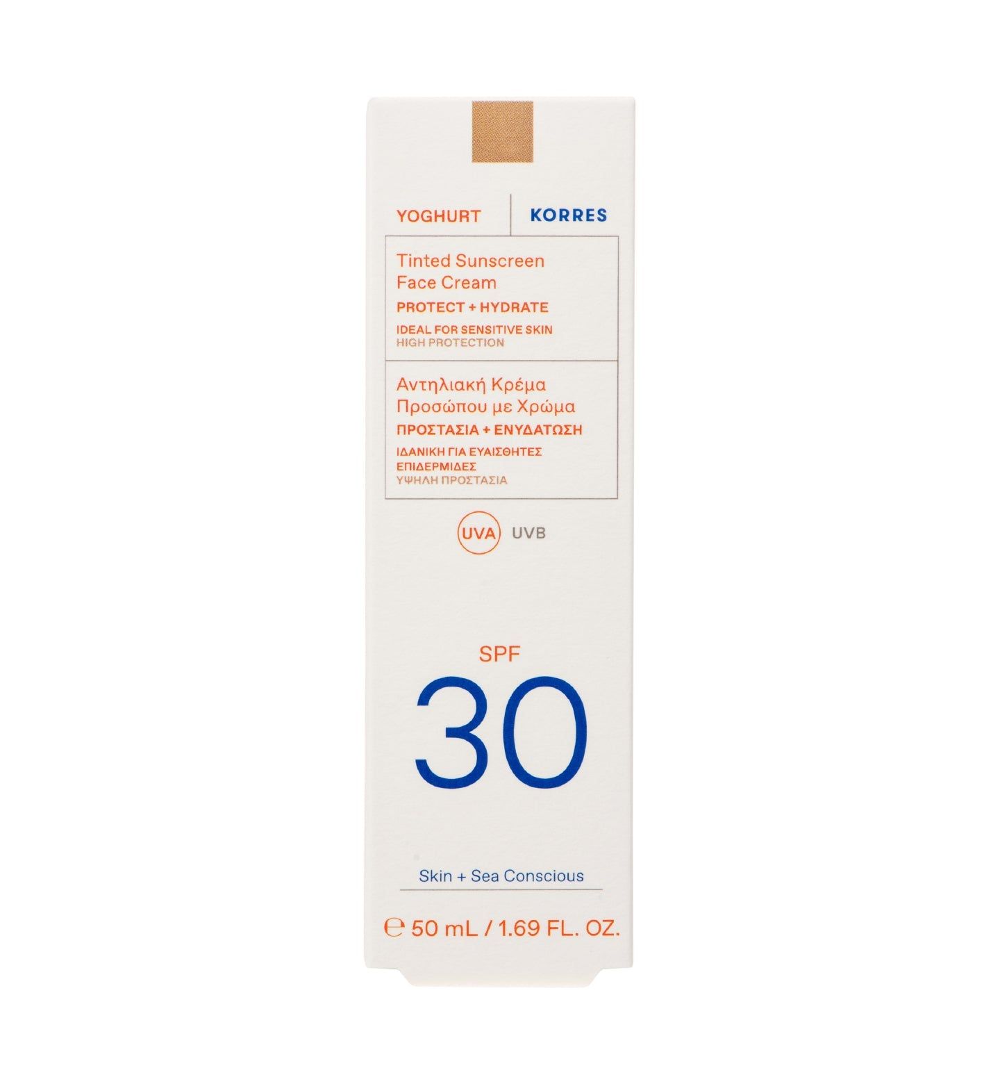 KORRES Yoghurt Getönte Sonnencreme für das Gesicht SPF30. Weiße Verpackung mit Produktinformationen und SPF 30. Ideal für empfindliche Haut.