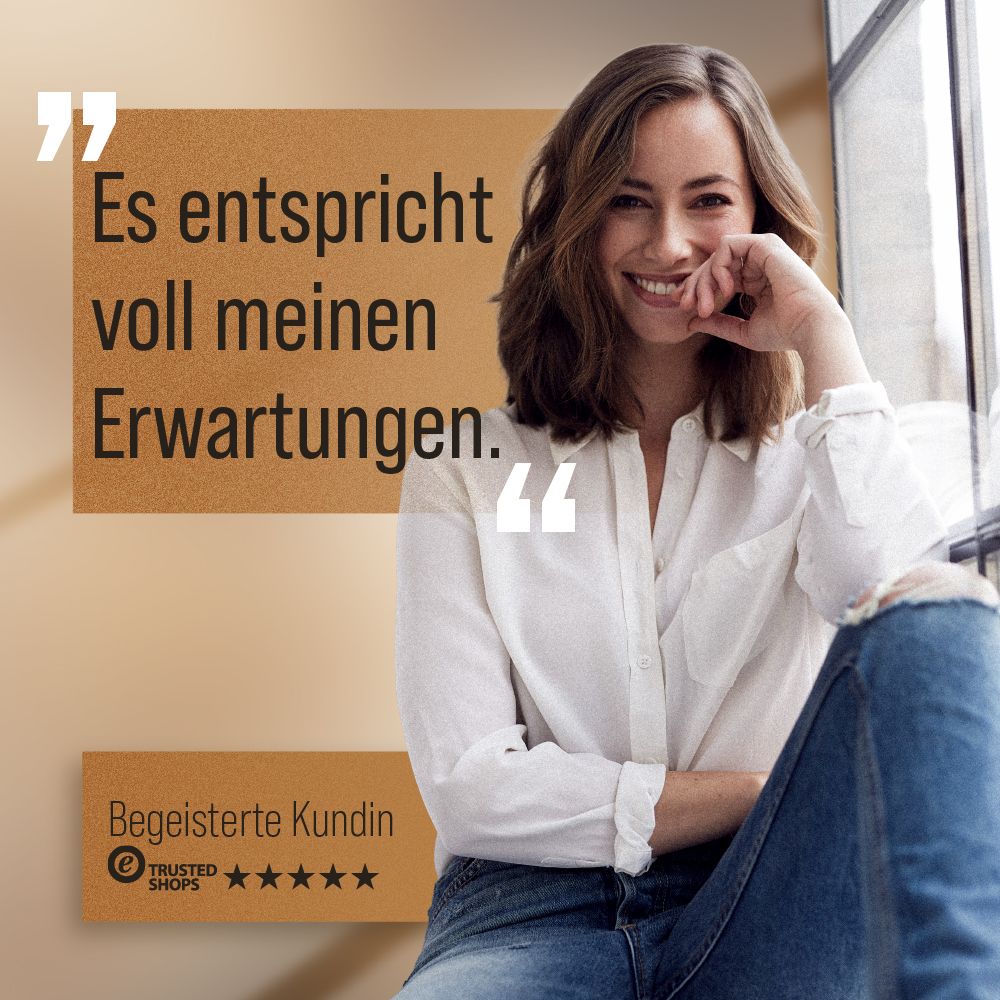 Frau lächelt. Text: Es entspricht voll meinen Erwartungen. Logo: Trusted Shops.