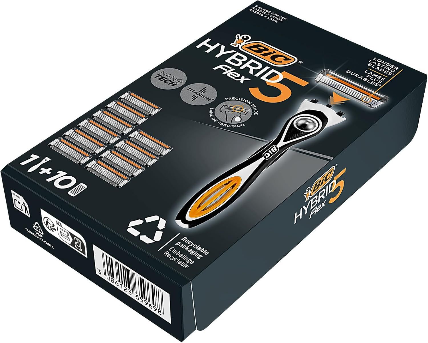 Schwarze Verpackung mit Rasierer und Ersatzklingen. Produktname und Logo. Recycling-Symbol.