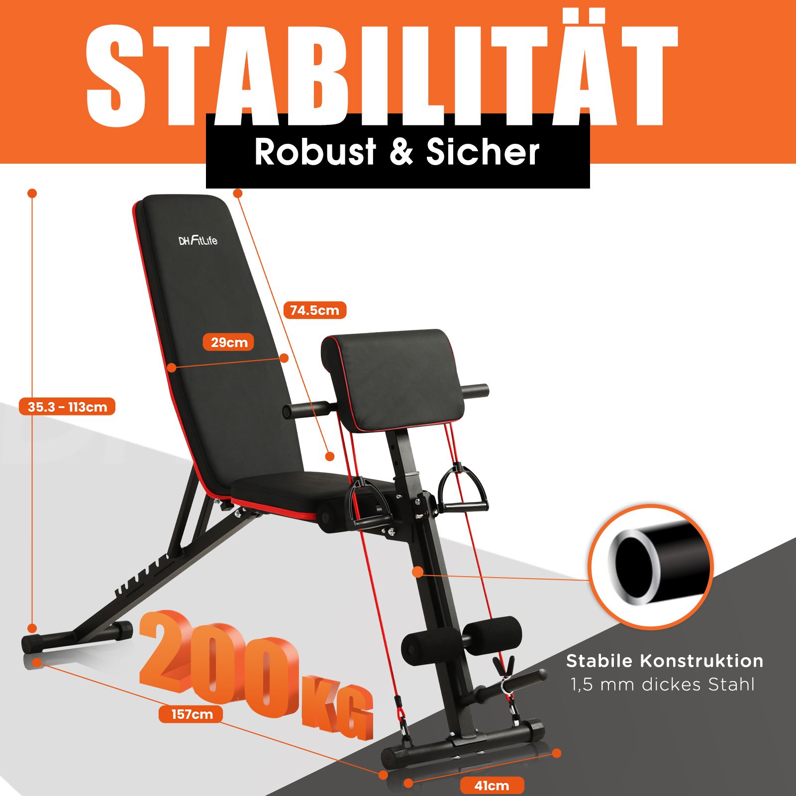 Hantelbank mit Maßen und Gewichtsangabe. Schwarzes Design mit roten Akzenten. Text: Stabilität, 200 kg, 157cm, 41cm, 29cm, 74.5cm, 35.3-112cm.