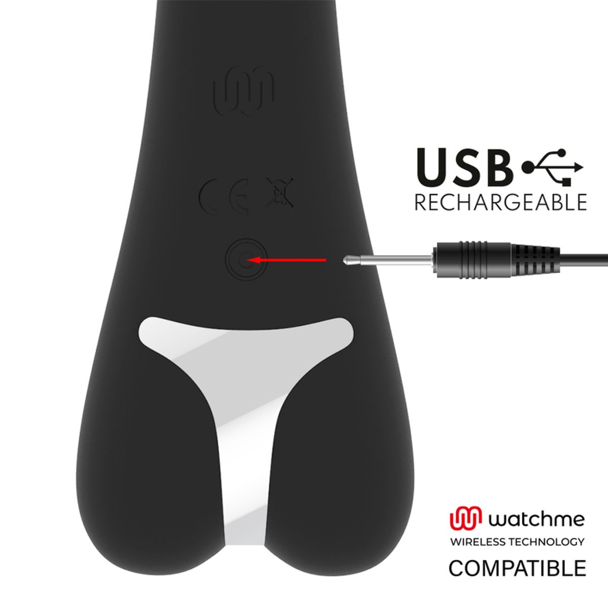 Schwarzer Vibrator mit Ladeanschluss und USB-Symbol. Text: USB RECHARGEABLE. Logo: watchme WIRELESS TECHNOLOGY COMPATIBLE.