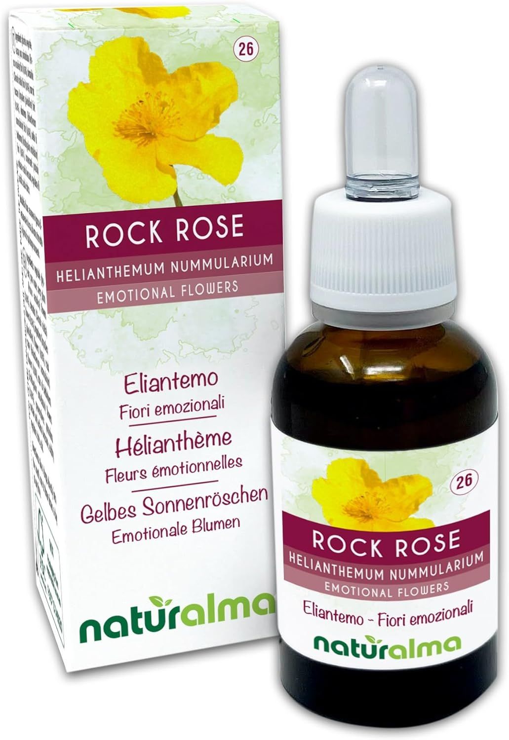 Braune Glasflasche mit Tropfer und weißem Verschluss. Daneben eine Schachtel mit gelber Blume und Text: Rock Rose, Helianthemum nummularium.