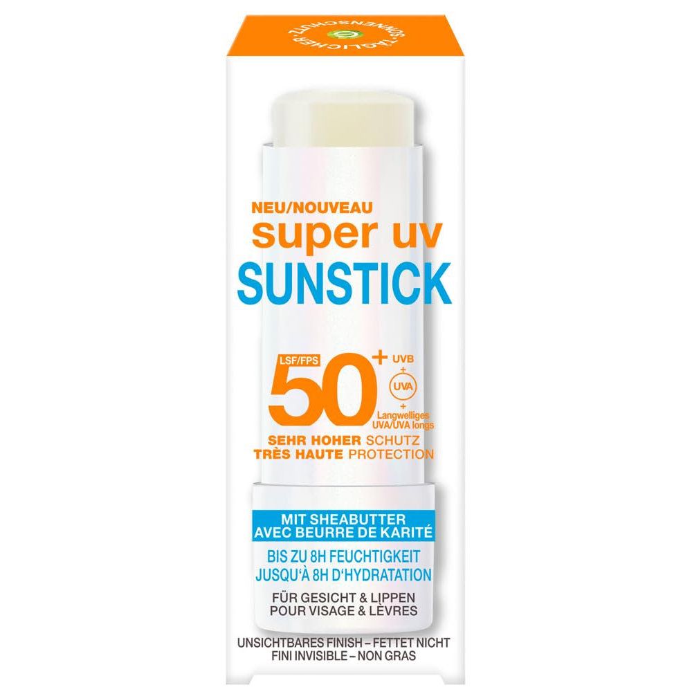 Weißer Sunstick in Verpackung. Text: Super UV Sunstick LSF 50+. Mit Sheabutter. Für Gesicht & Lippen. Unsichtbares Finish.
