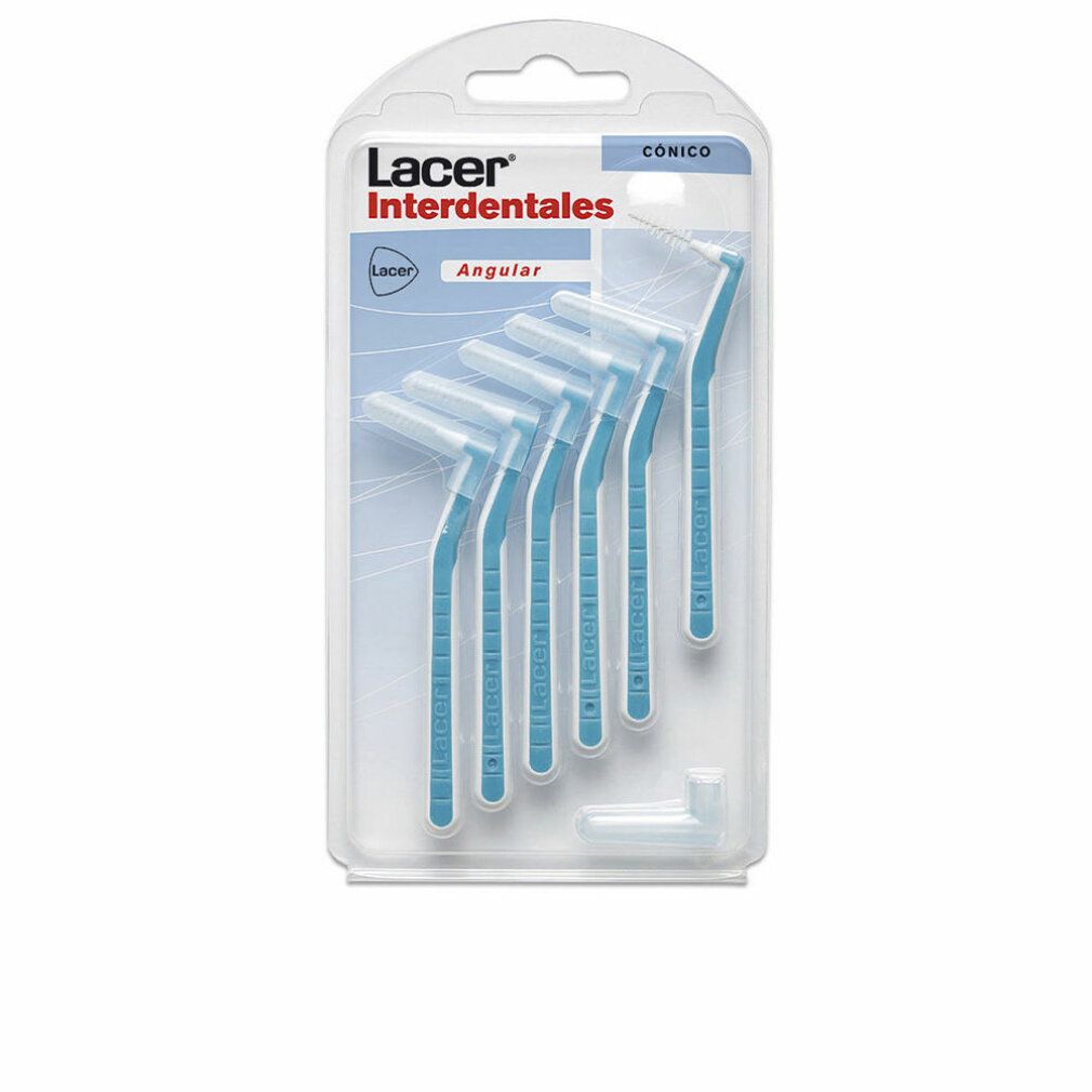 Zahnzwischenraumbürsten in Blisterverpackung. Blaue Griffe, weiße Borsten. Marke Lacer. Konische Form. Winkeldesign.