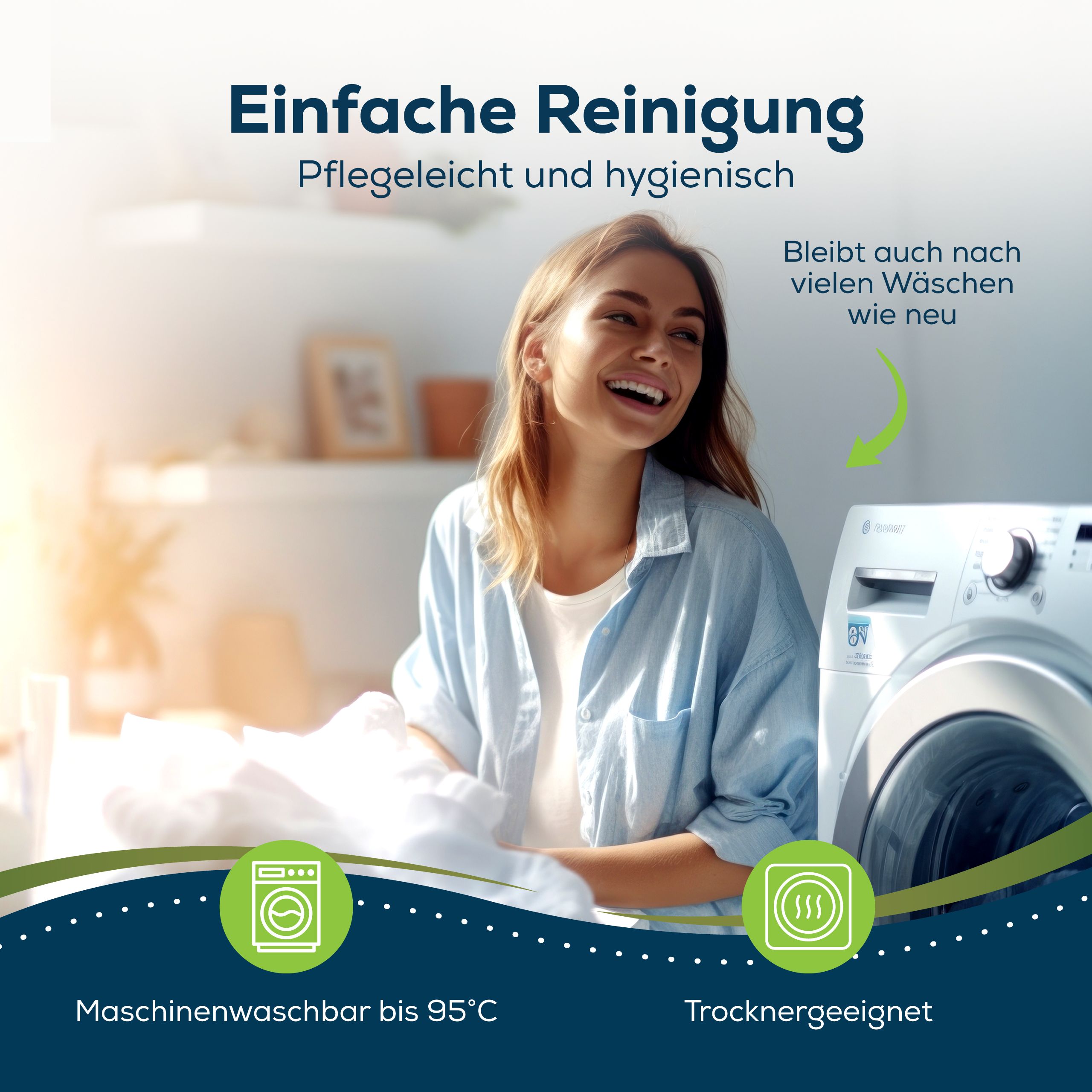 Frau legt Matratzenbezug in Waschmaschine. Text: Einfache Reinigung. Maschinenwaschbar bis 95°C.