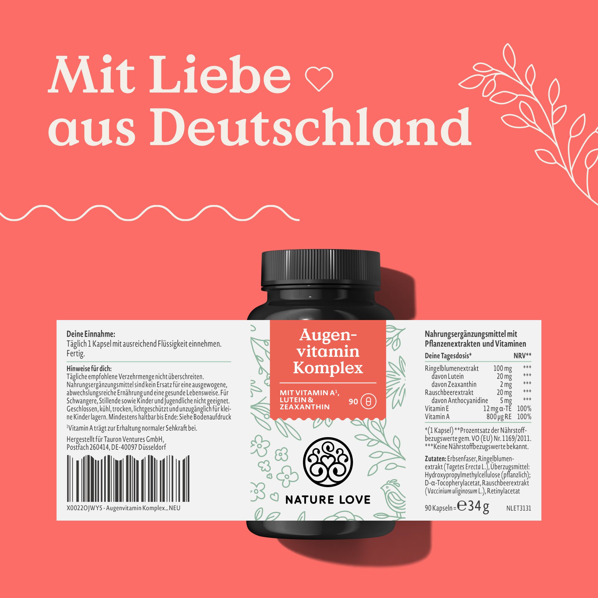 Flasche "Augenvitamin Komplex" mit Etikett. Text: "Mit Liebe aus Deutschland".