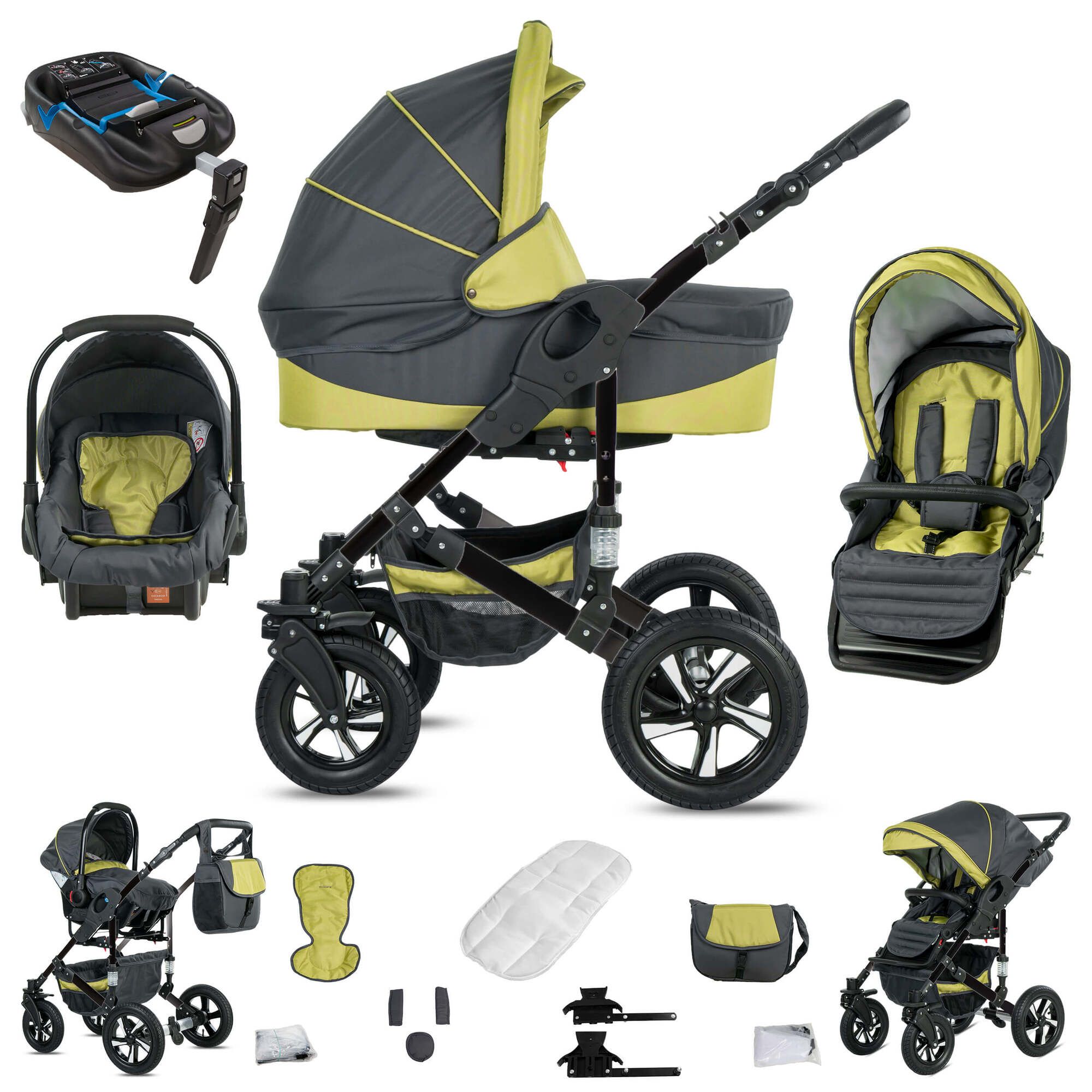 Kinderwagen-Komplettset, grau-grün. Enthält Babywanne, Sportsitz, Babyschale, Zubehör. Schwarzes Gestell, Hartgummireifen.