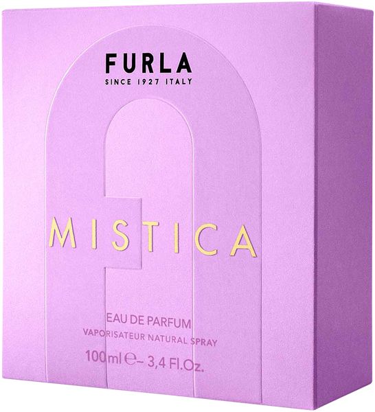 Verpackung von Furla Mistica EdP Nat. Spray. Lila Karton mit goldfarbener Schrift. Enthält Produktinformationen und Markenlogo.