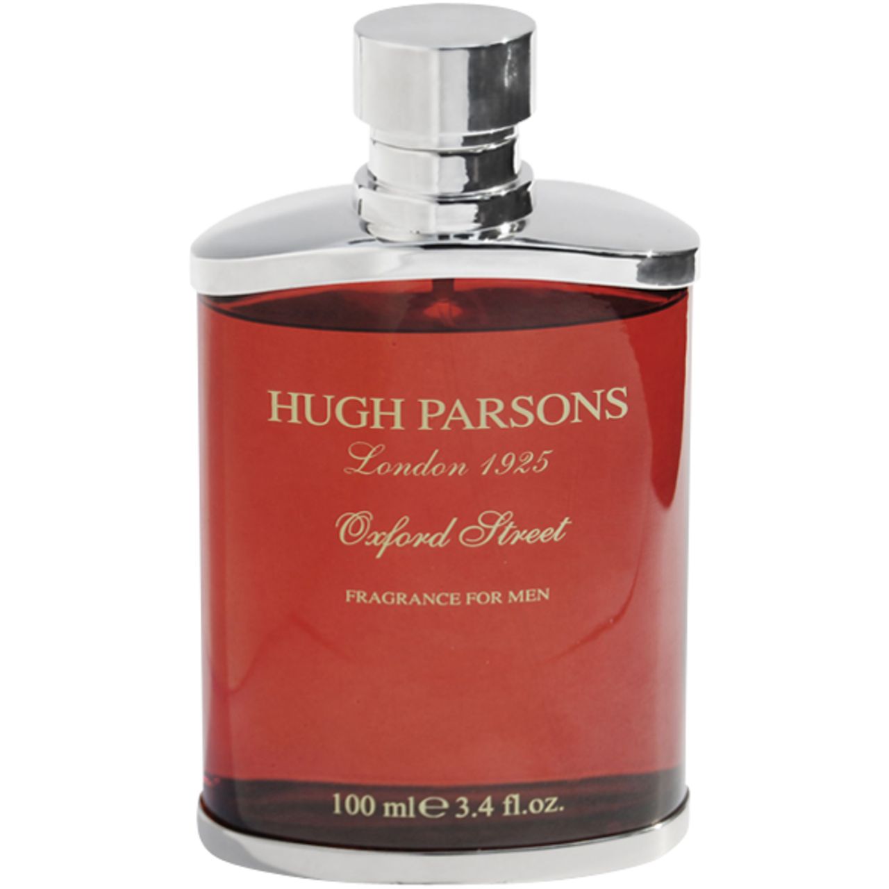 Roter Flakon mit silbernem Verschluss. Aufschrift: Hugh Parsons London 1925, Oxford Street, Fragrance for Men. 100 ml.