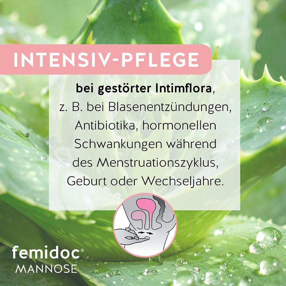 Aloe Vera-Blatt. Text: Intensiv-Pflege bei gestörter Intimflora. femidoc® Mannose.