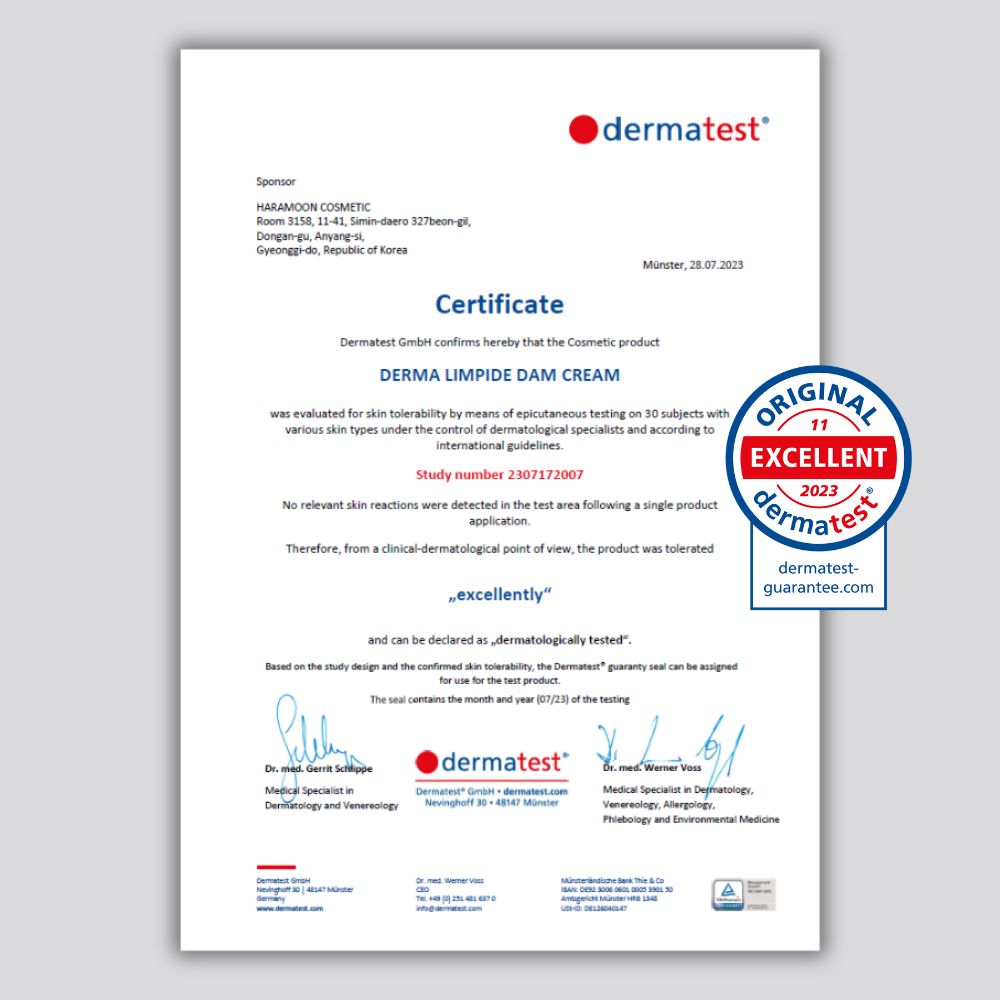 Zertifikat von Dermatest. Bestätigt die Hautverträglichkeit. Siegel: Original Excellent 2023. Text: Derma Limpide Dam Cream.