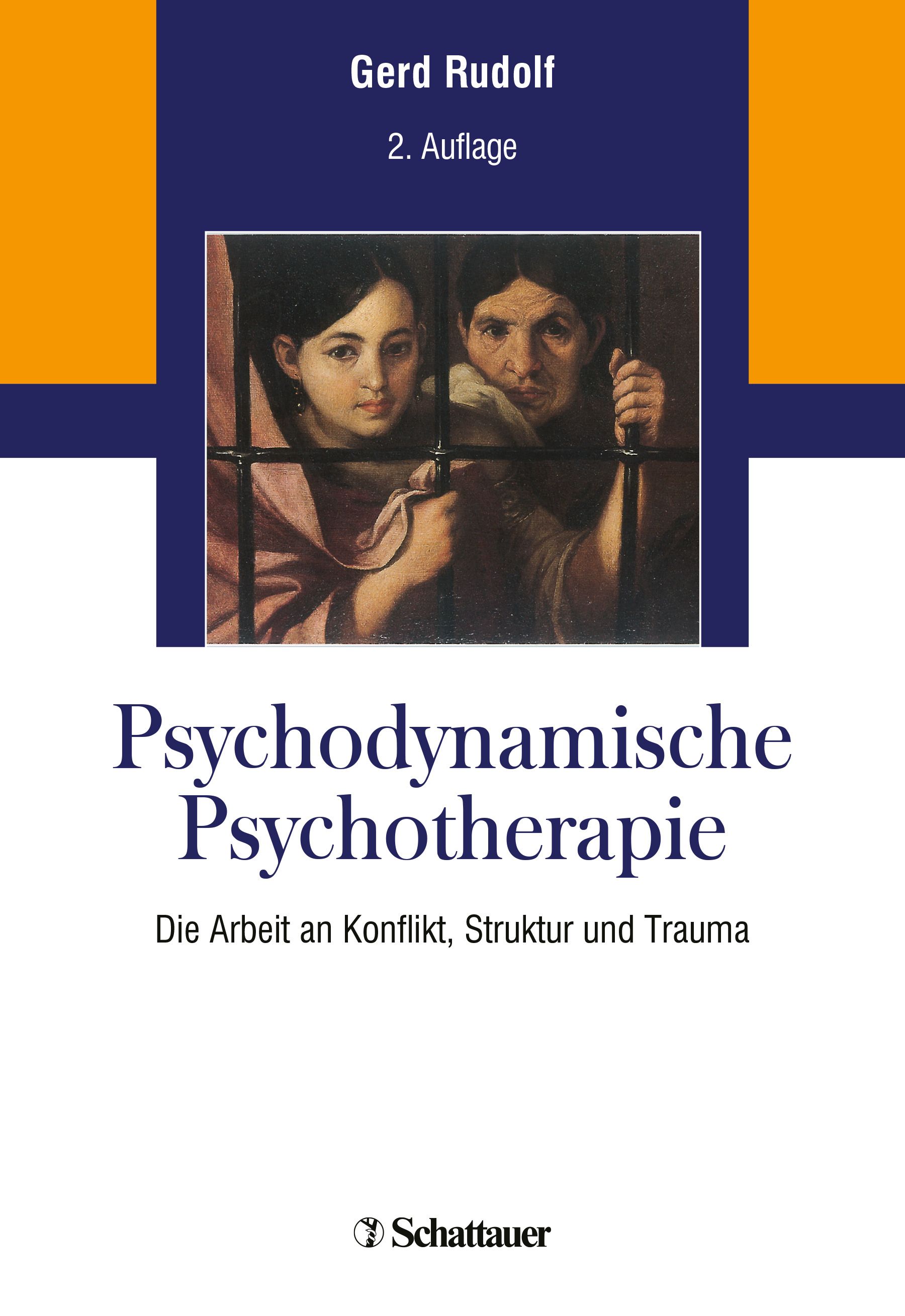 Buchcover: Psychodynamische Psychotherapie. Titel und Autor. Abbildung von zwei Frauen hinter Gittern. Verlag Schattauer.