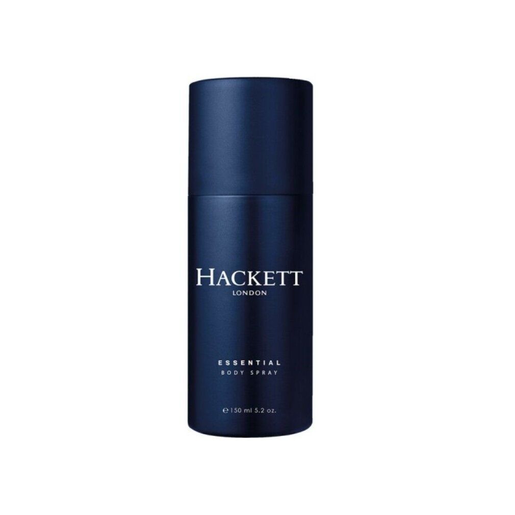 Dunkelblaue Sprühflasche. Hackett London, Essential Body Spray. Weiße Schrift. Volumenangabe.