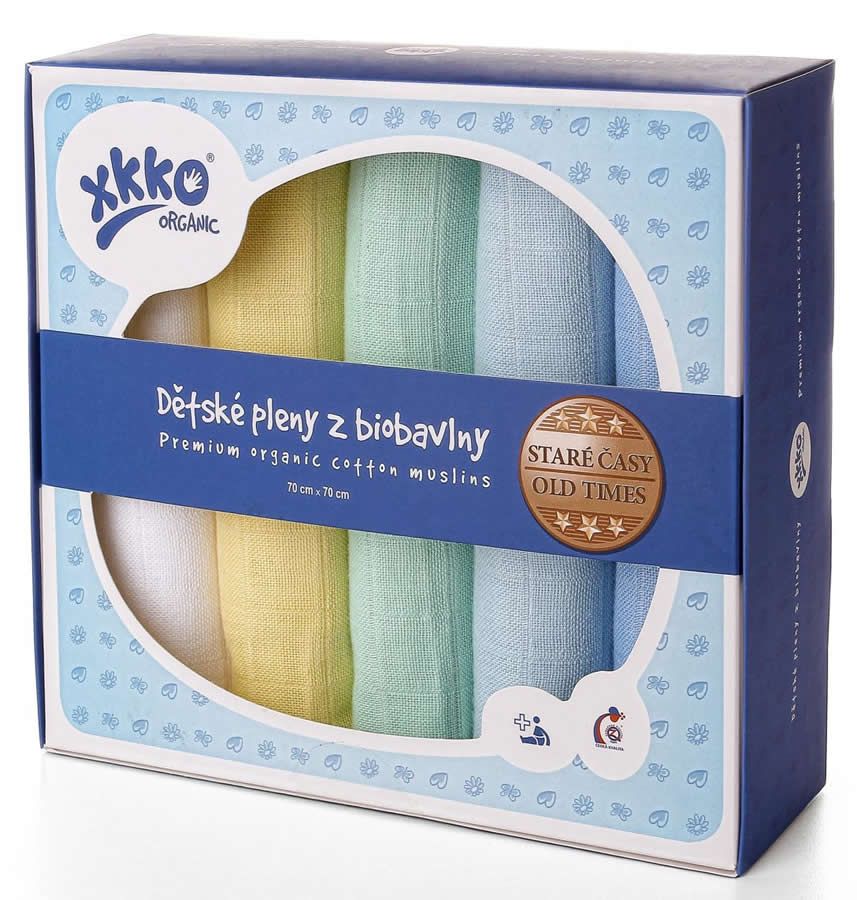 Muslin-Tücher, 5er-Set, in Box. Farben: Weiß, Gelb, Grün, Blau. Aufschrift: xkko organic, Dětské pleny z biobavlny.