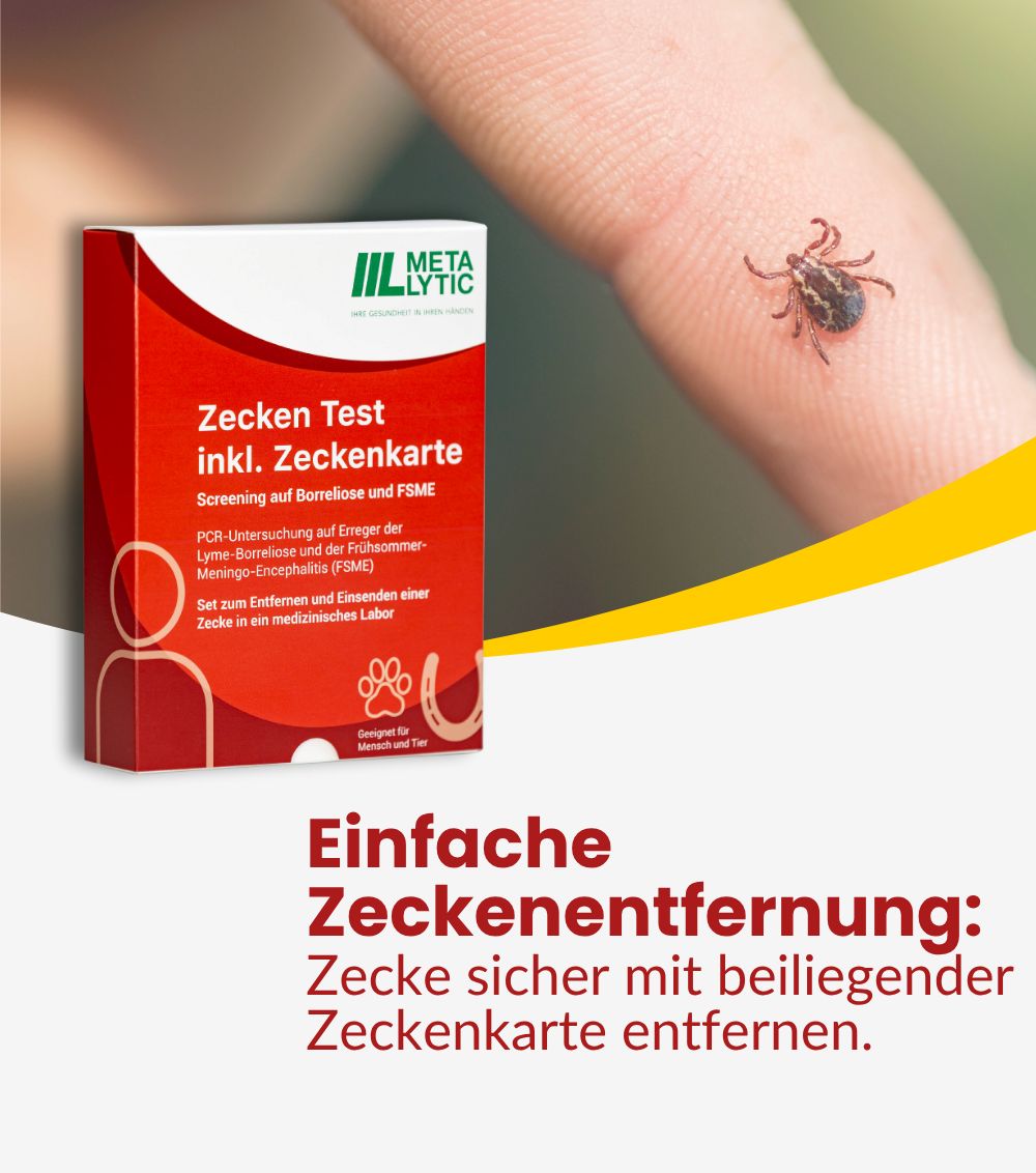 Rote Verpackung mit Text: Zecken Test inkl. Zeckenkarte. Logo MetaLytic. Zecke auf Finger. Einfache Zeckenentfernung.