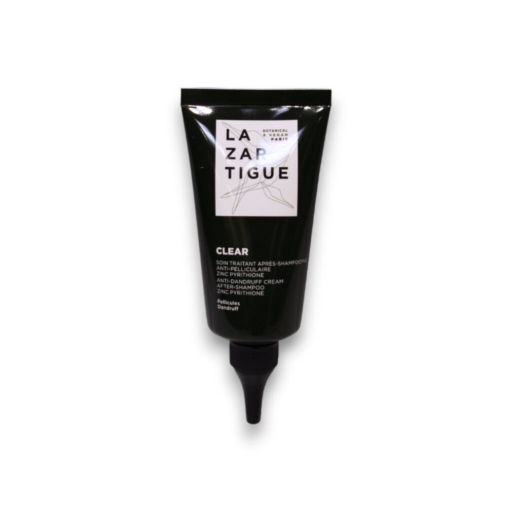 Schwarze Tube mit schwarzem Verschluss. Text: LAZARTIGUE, CLEAR, Anti-Schuppen-Creme. Logo.
