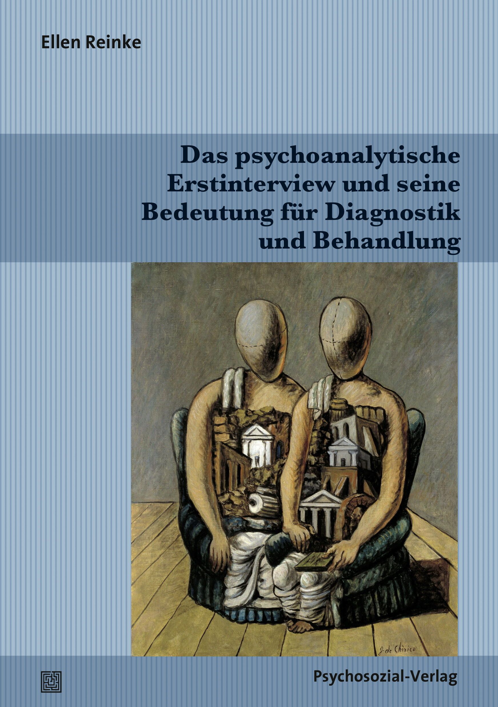 Buchcover: Titel "Das psychoanalytische Erstinterview..." Autorin Ellen Reinke. Illustration: Zwei Figuren mit Gebäuden im Inneren.