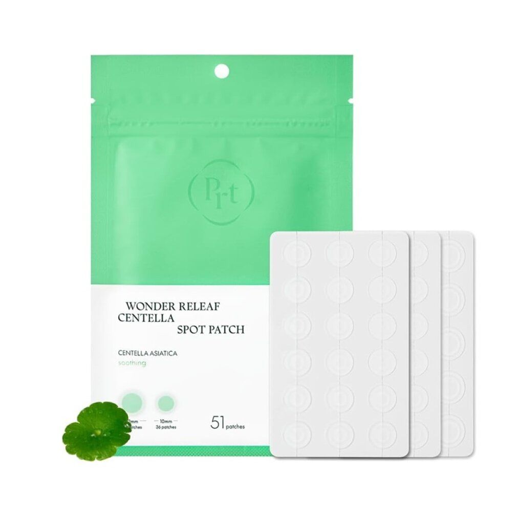 Purito Wonder Releaf Centella Spot Patch Verpackung mit 51 Patches und drei Blistern mit Patches.