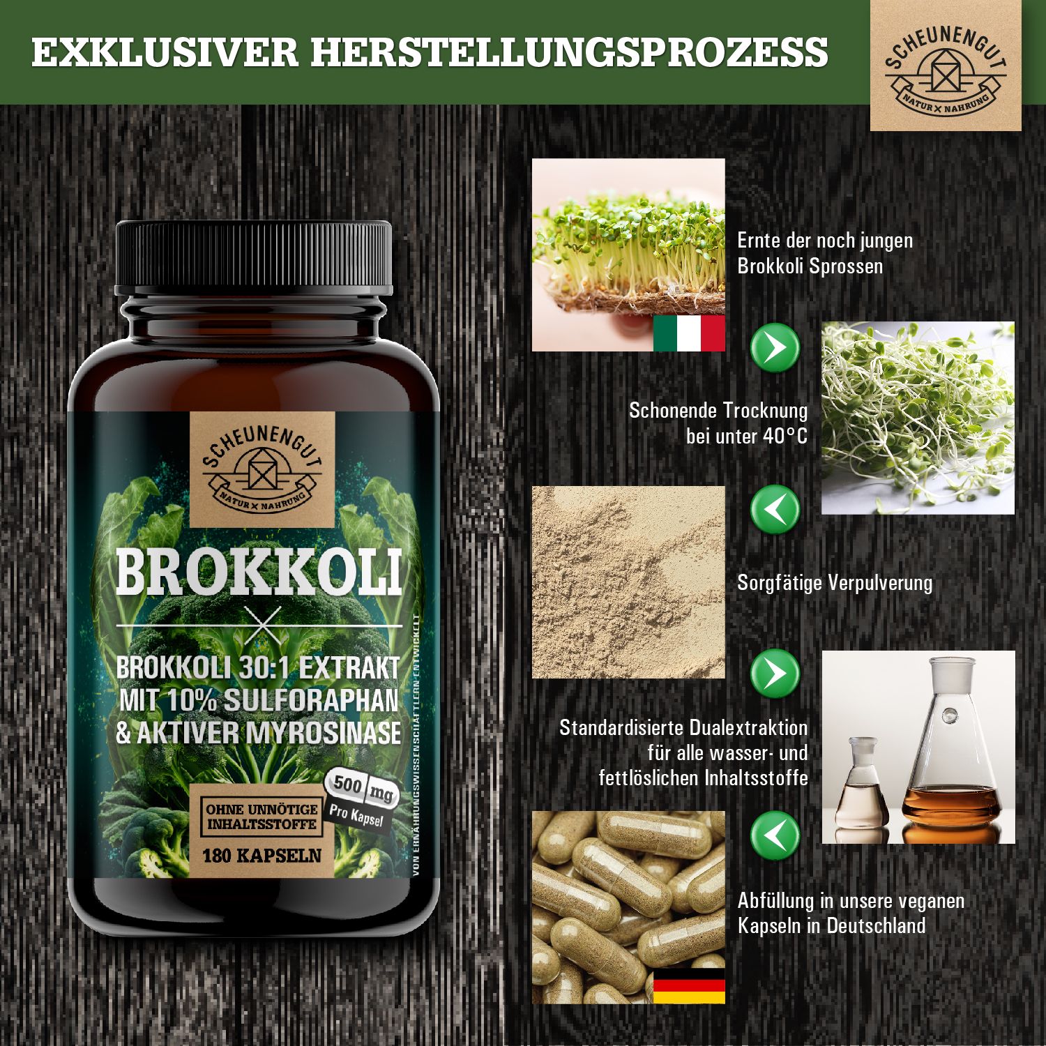 Scheunengut® Brokkoli | 30:1 Brokkolisprossen-Extrakt mit mindestens 50mg Sulforaphan 180 St Kapseln