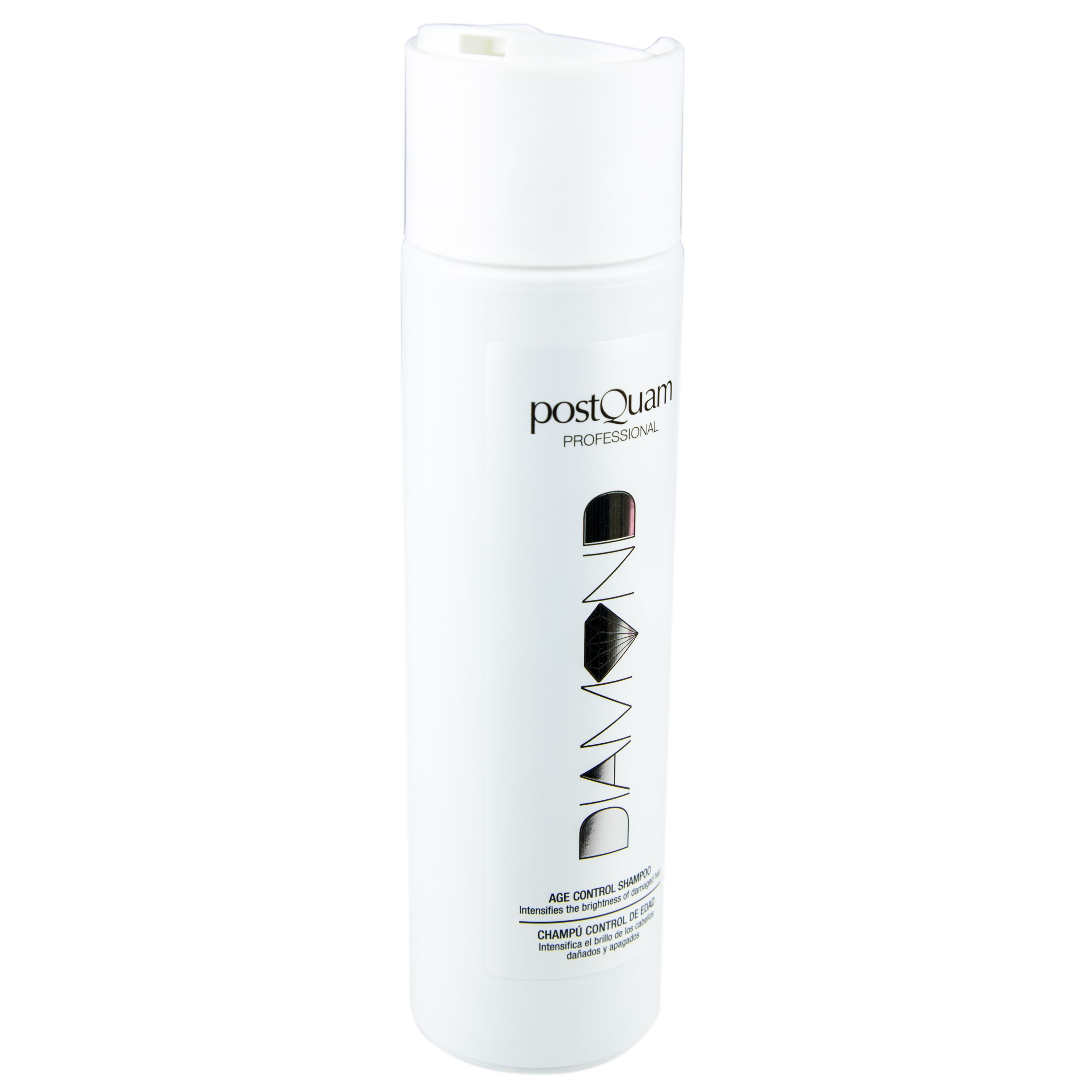 Weiße Shampoo-Flasche mit schwarzem und silbernem Etikett. Aufschrift: DIAMOND, PostQuam Professional, Age Control Shampoo.