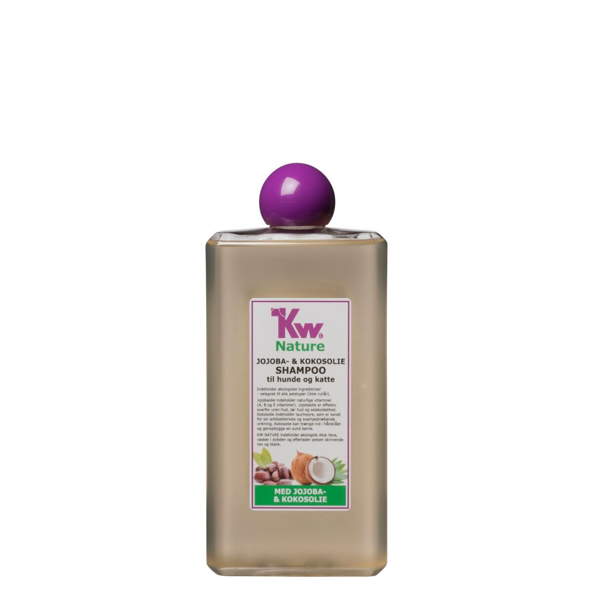 Rechteckige Flasche mit lila Verschluss. Etikett mit KW Nature, Jojoba- und Kokosöl Shampoo für Hunde und Katzen.