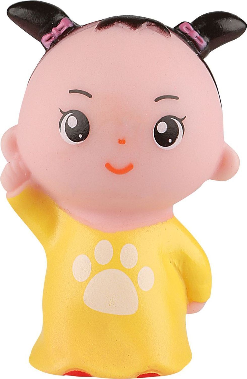 Fingerpuppe, Mädchen. Gelbes Kleid mit Pfotenabdruck. Gesicht mit Augen, Nase und Mund. Schwarze Haare.