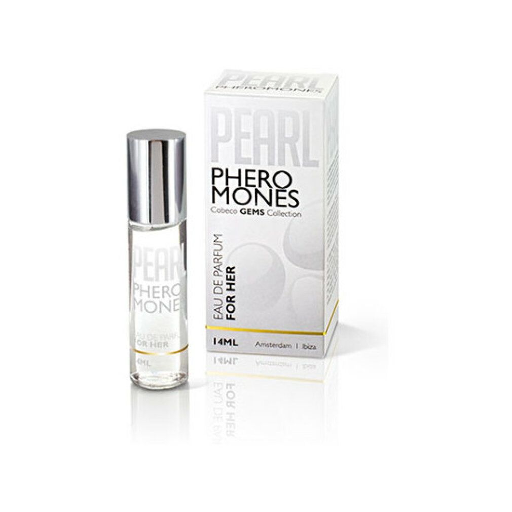 Flakon und Verpackung. Flakon mit silbernem Deckel. Verpackung weiß mit Aufschrift "Pearl Pheromones".